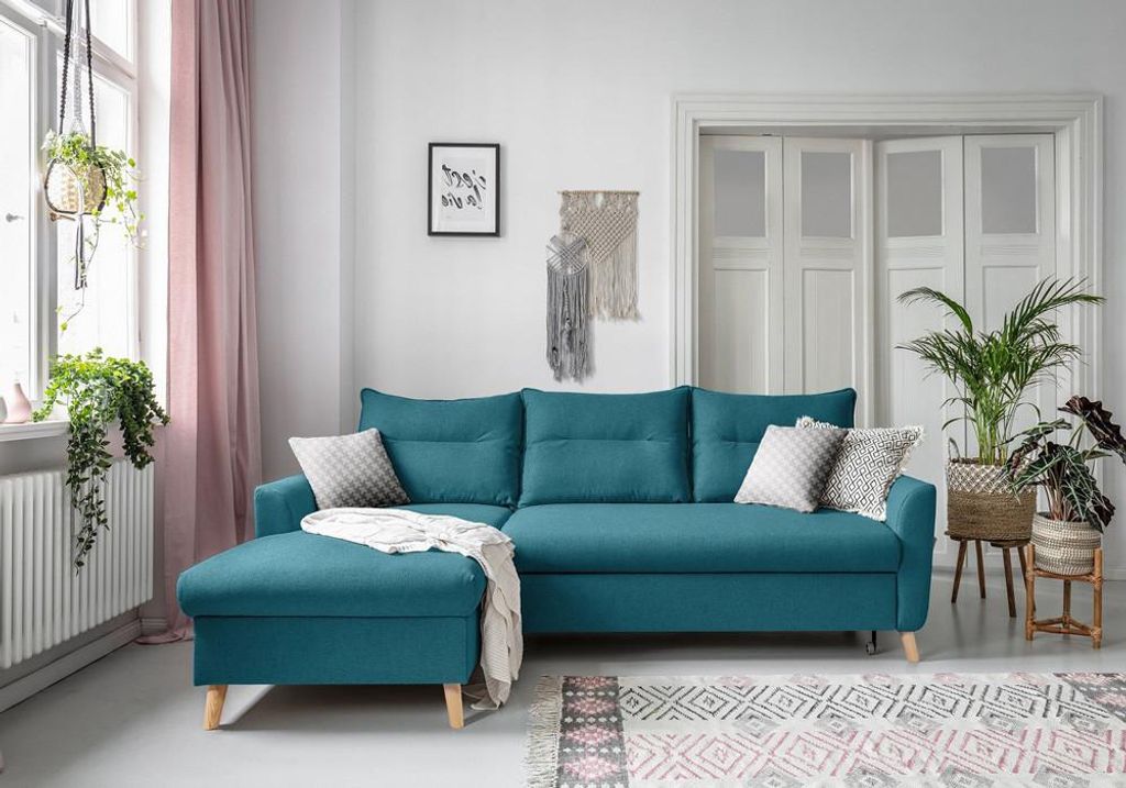 MIUFORM Stylish Stan - Ecksofa mit Bettfunktion und Bettkasten L-FORM LINKS - 224x148cm - Türkis - Sofa Schlafsofa Couch