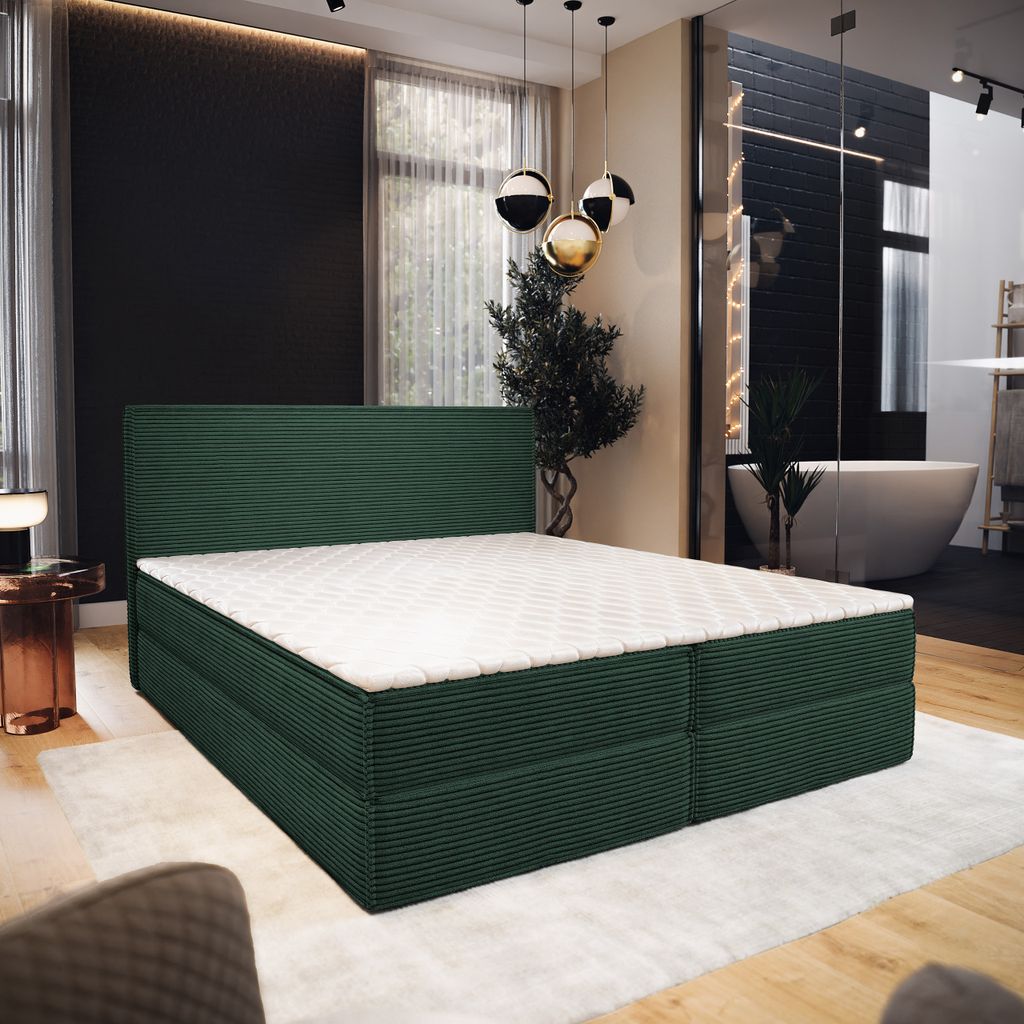 Masseno Boxspringbett PELLIO 160x200 cm Komplett-Set mit Bonell Matratze und Topper, Polsterbett mit Bettkästen -Grün, POSO 14