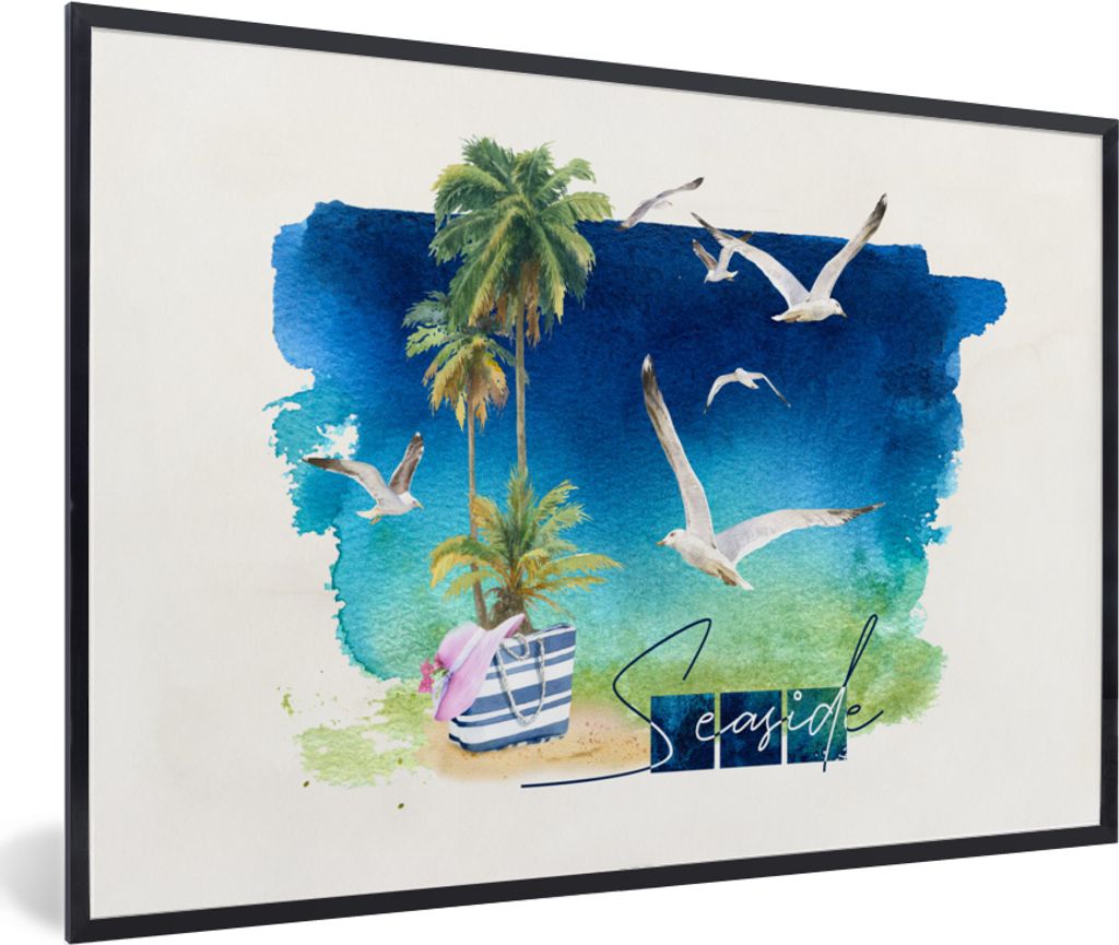 MuchoWow MuchoWow Gerahmtes Poster Vogel - Palme - Himmel - Strand 60x40 cm - Poster mit zchwarzem Bilderrahmen - Printing - Wanddeko Schlafzimmer