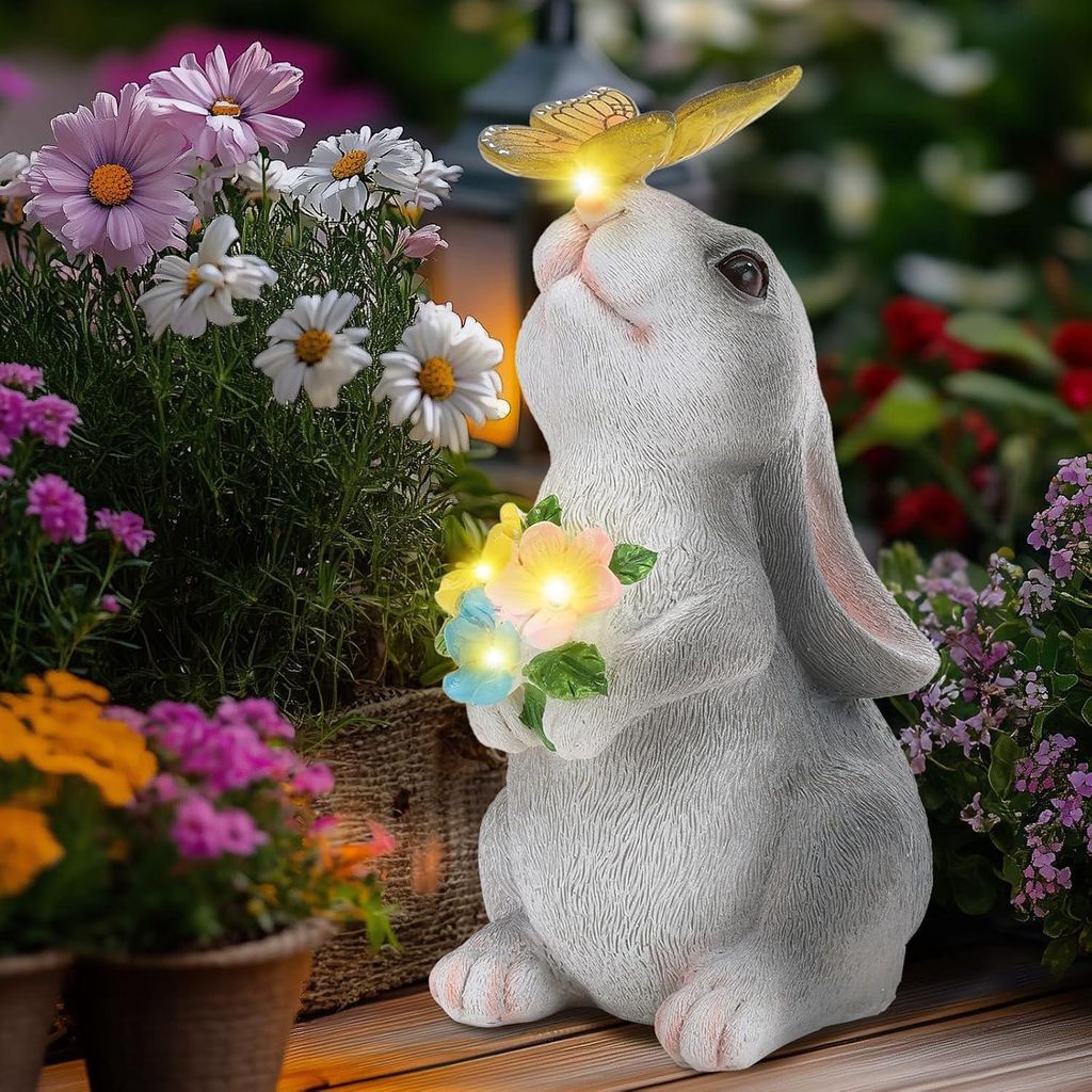 Gartenhasen-Statue mit Solarbeleuchtung, dekoratives Accessoire für den Garten, Tierfigur mit Solarlicht, Gartenhase, Einzugsgeschenk
