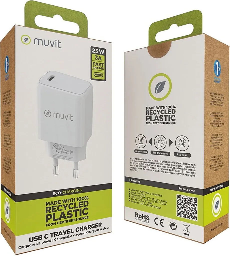 Chargeur USB-C Muvit For Change PD 25W Transparent One Size compact