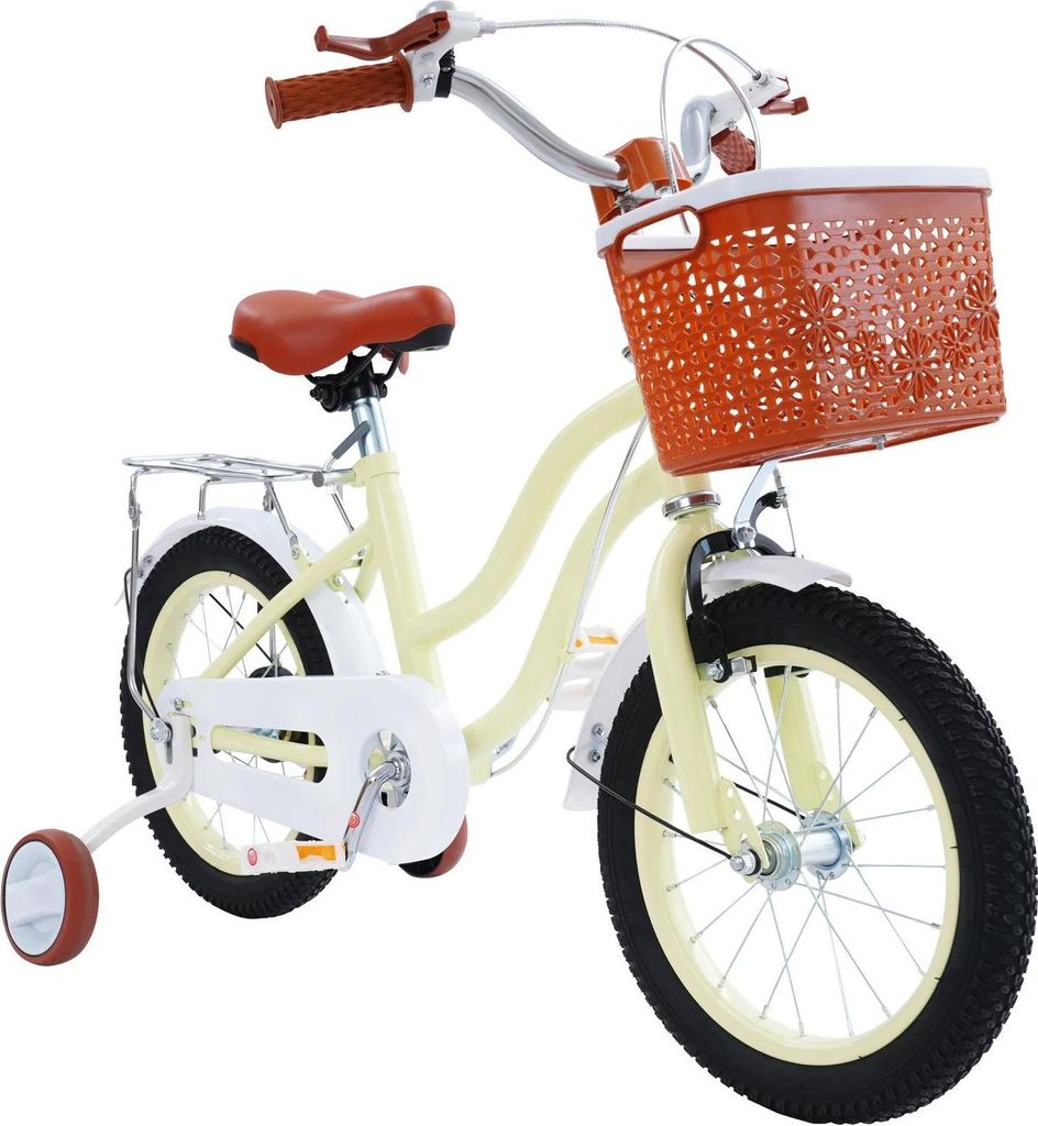 Kinderfahrrad - 35 cm Räder - Stützräder - Korb - Rücksitz - bis 60 kg - 3–7 Jahre - Beige/Hellgelb