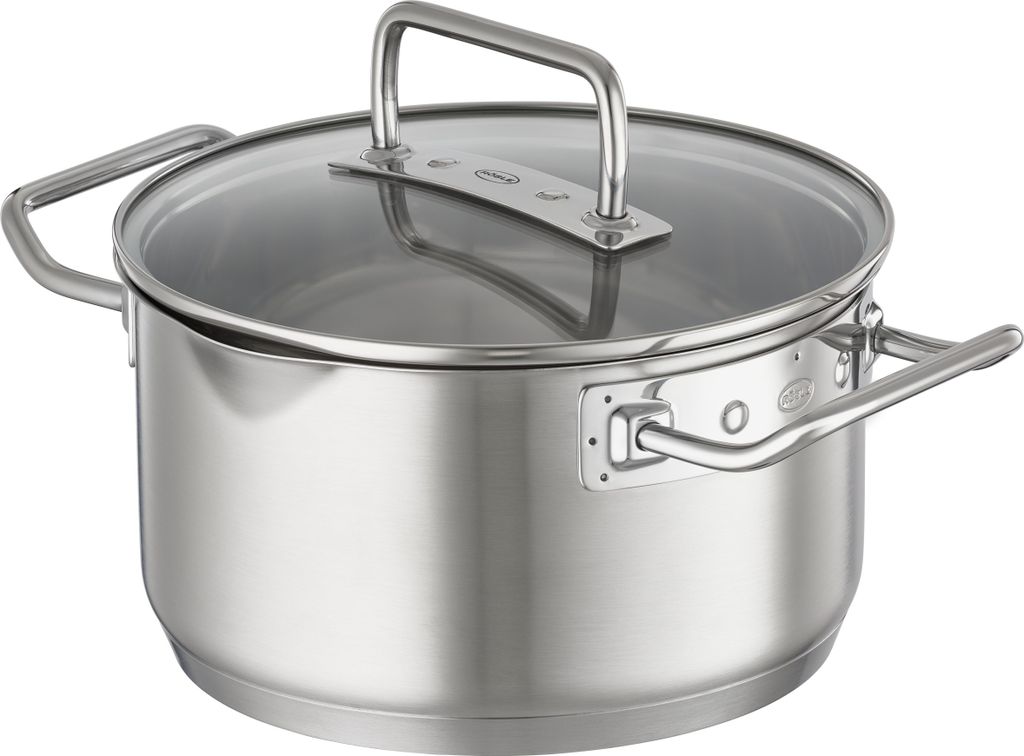A stainless steel pot with a glass lid and handles.