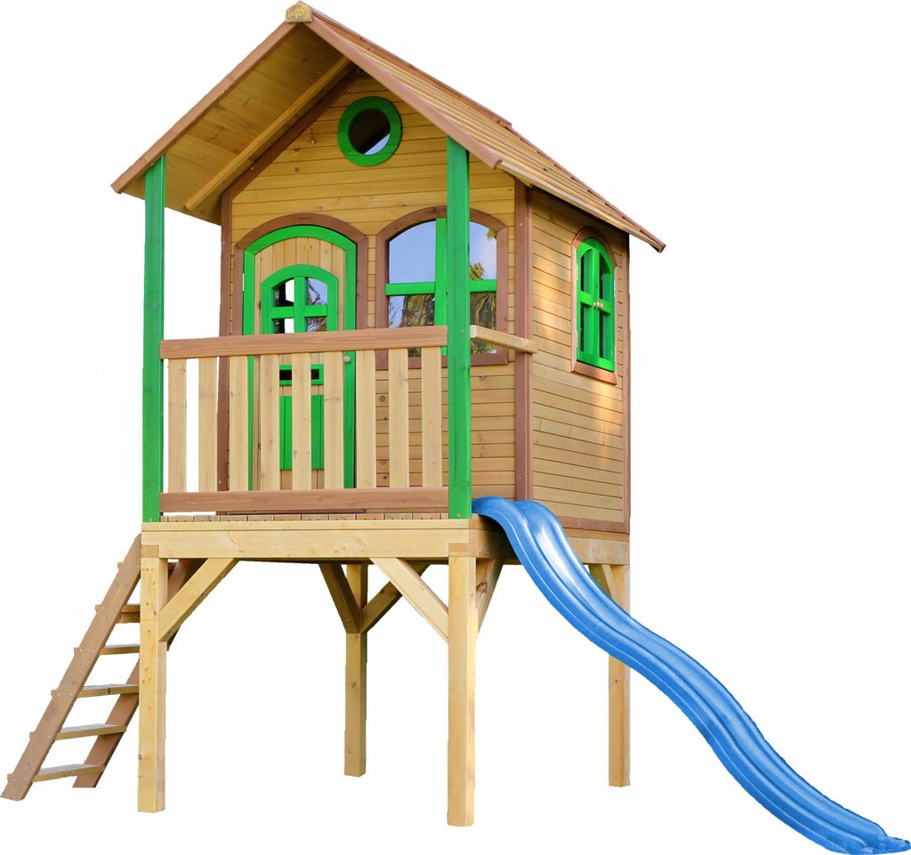 AXI Spielhaus Laura mit blaue Rutsche | Stelzenhaus in Braun & Grün aus Holz für Kinder | Spielturm mit Wellenrutsche für den Garten