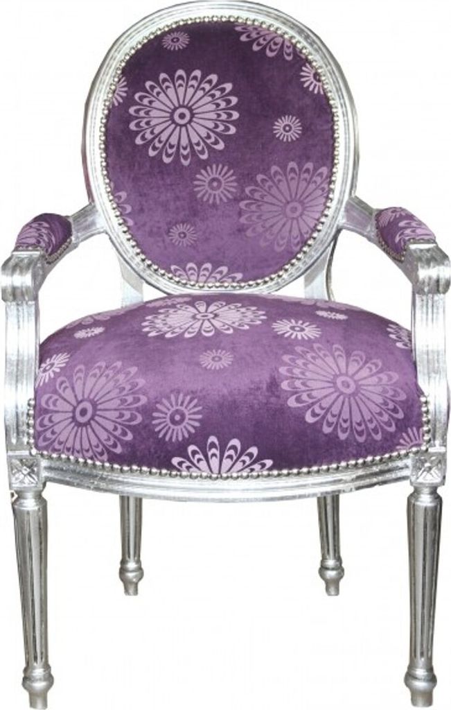 Casa Padrino Luxus Barock Salon Stuhl Lila Blumen Muster / Silber Mod2 Rund Möbel