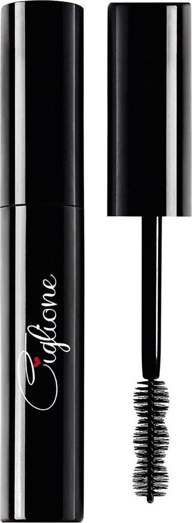A black mascara tube with the cap off and the brush applicator visible.