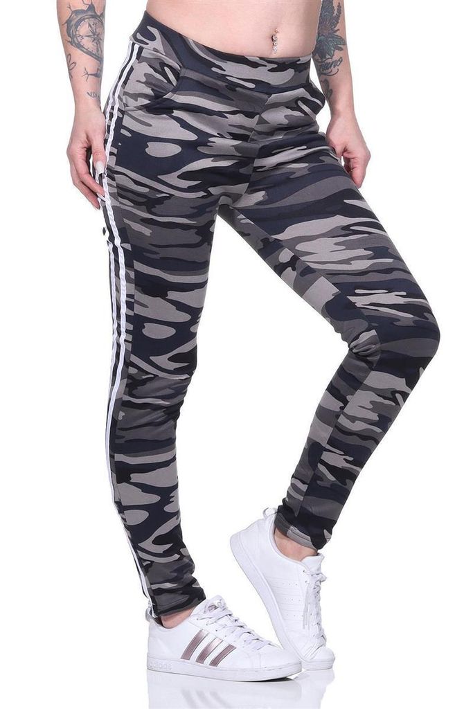 Damen Jogginghose Hohe Taille Thermo Sporthose Freizeithose mit Taschen, Camouflage-Grau XS/S