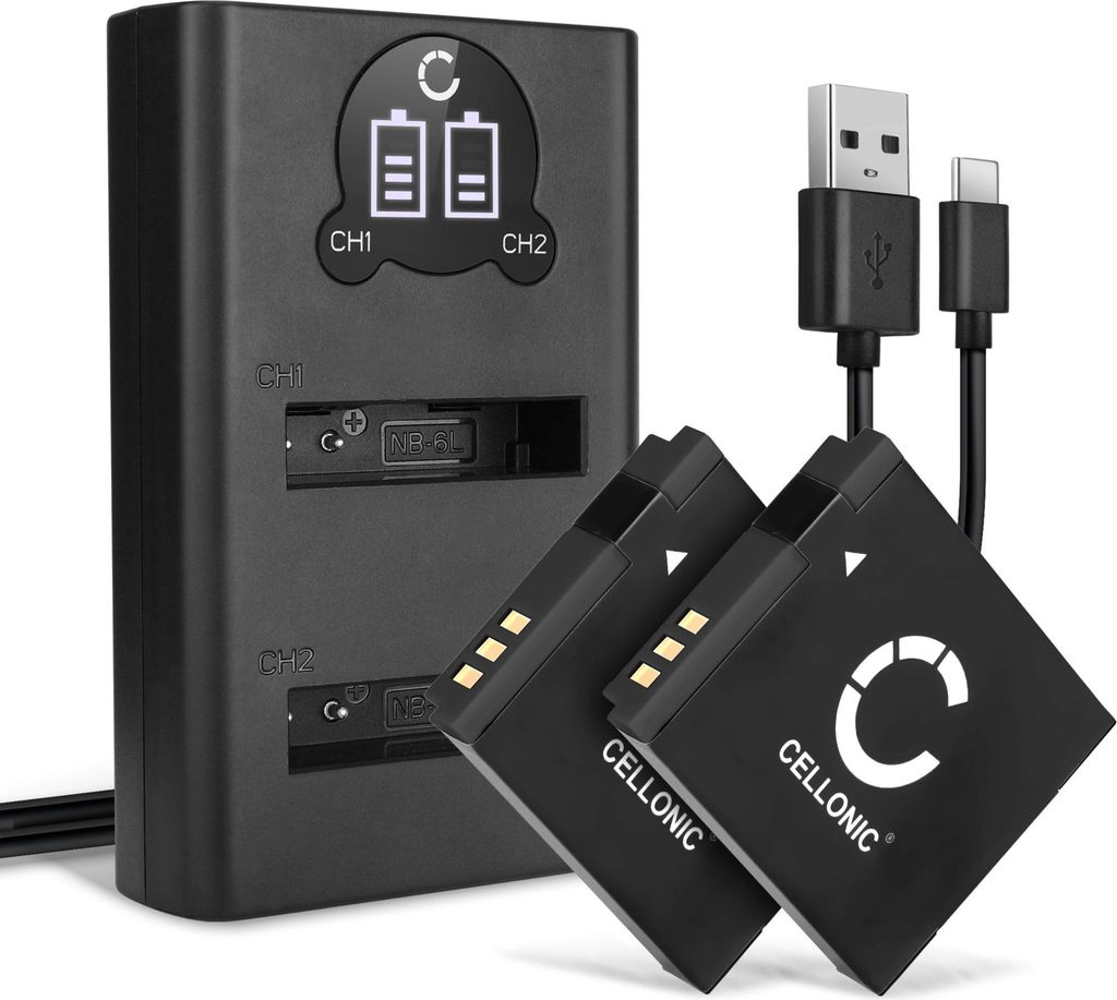 CELLONIC 2x Akku für Kamera Kompatibel mit Canon PowerShot SX240 HS, PowerShot SX610 HS, PowerShot S95, NB-6L - (1000mAh, 3.7V) + Dual Ladegerät