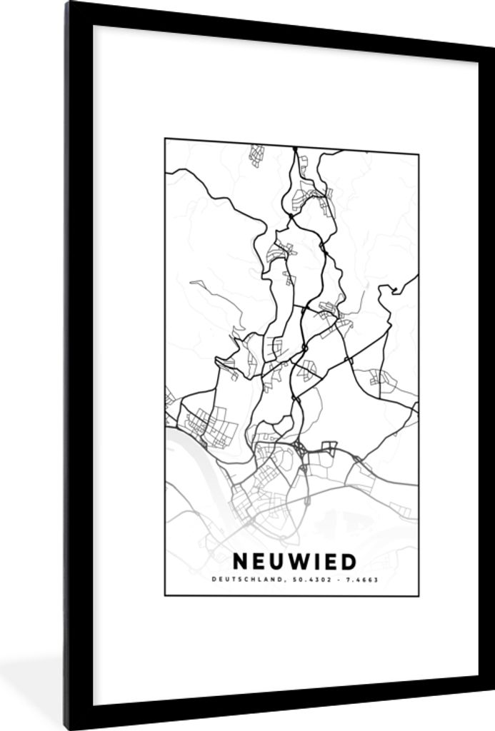 MuchoWow Gerahmtes Poster Stadtplan - Neuwied - Karte 60x90 cm - Poster mit Schwarzem Bilderrahmen Wandposter Rahmen Foto Bilder - Dekoration - W...
