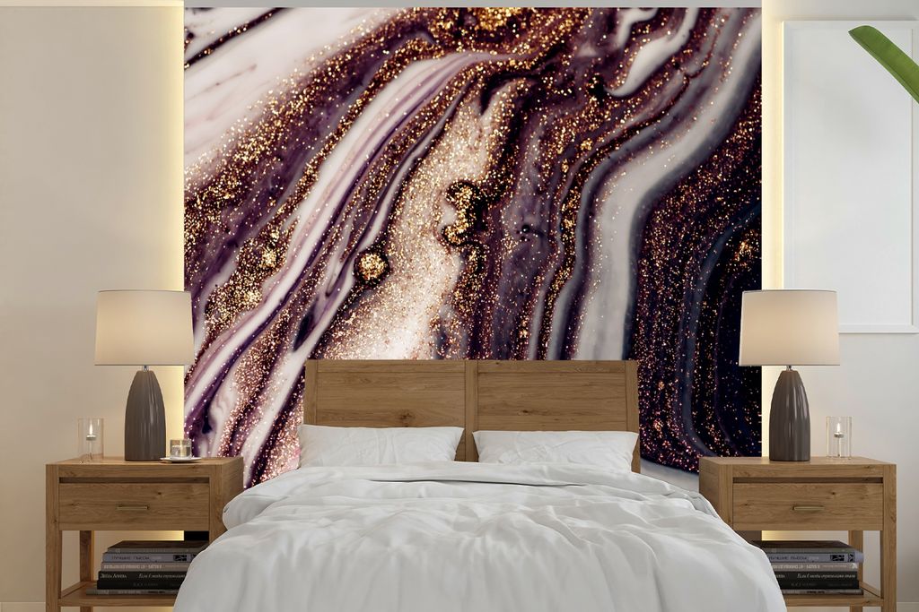 MuchoWow Fototapete für Wohnzimmer oder Schlafzimmer Wandtapete Vinyl Motivtapete Marmor - Rosa - Gold - Glitzer - Marmoroptik - 220x220 cm - Ta...