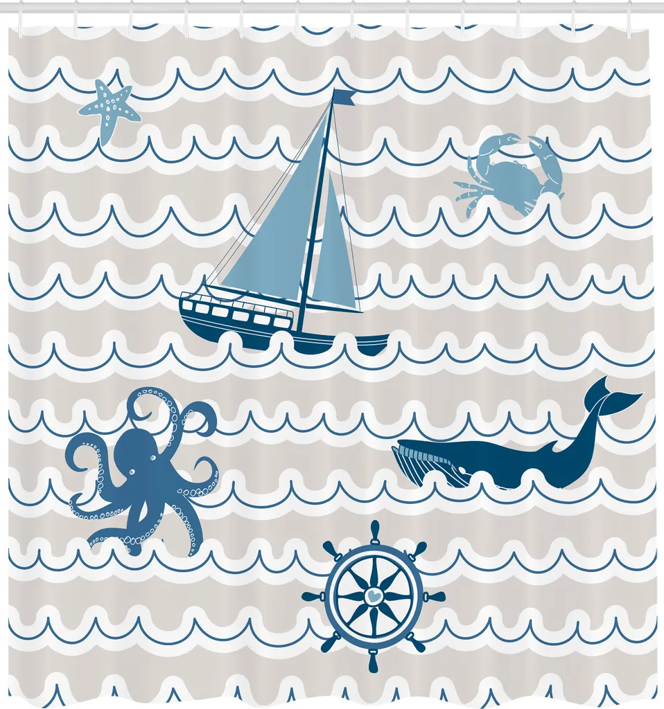 Rideau de douche en tissu imperméable avec motifs marins et crochets