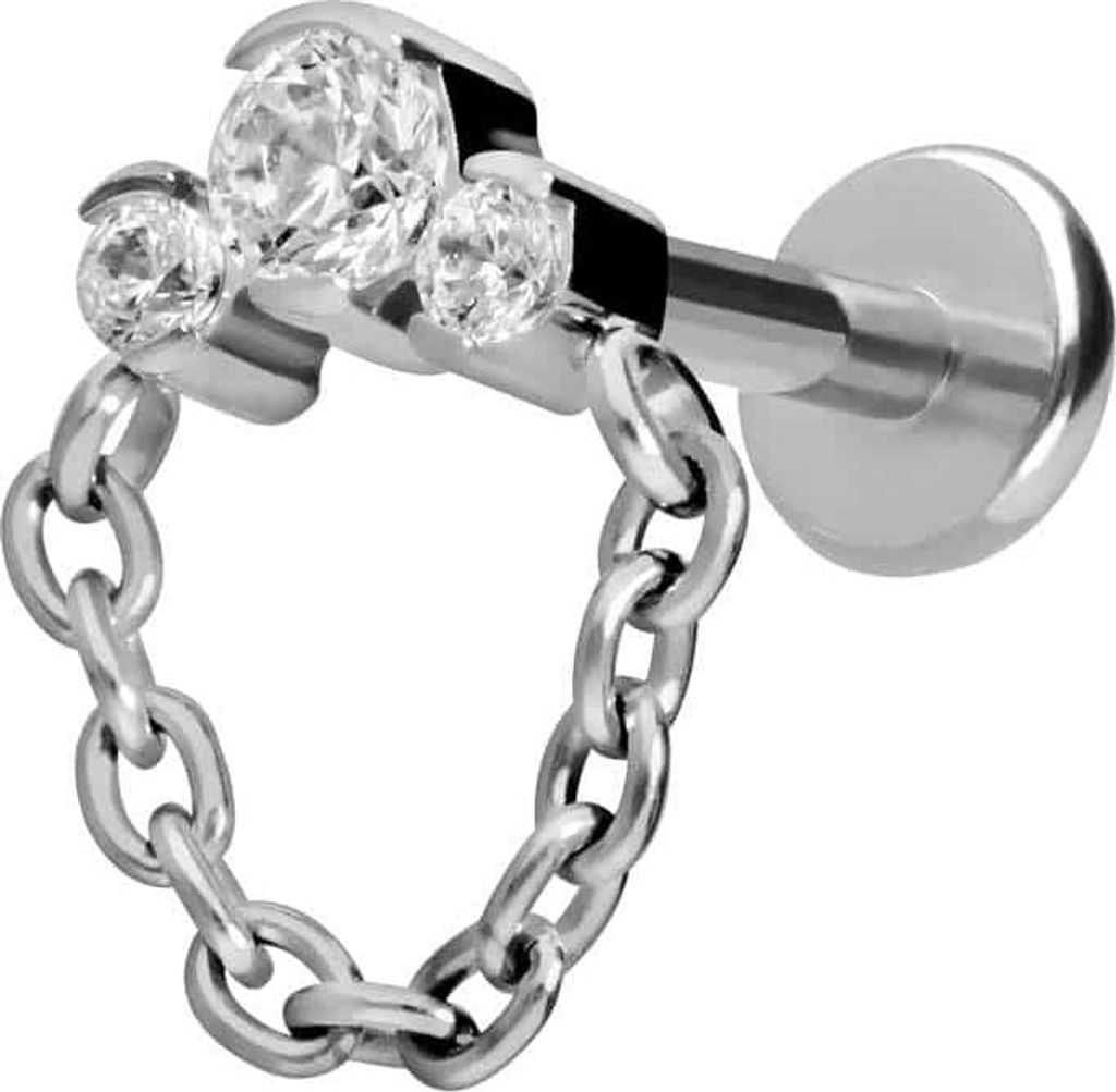 Ohrpiercing, Nasenpiercing Titan Labret mit Push Fit 3 EINGEFASSTE KRISTALLE + KETTE Silber Stablänge: 9mm | Stabstärke: 1,2mm
