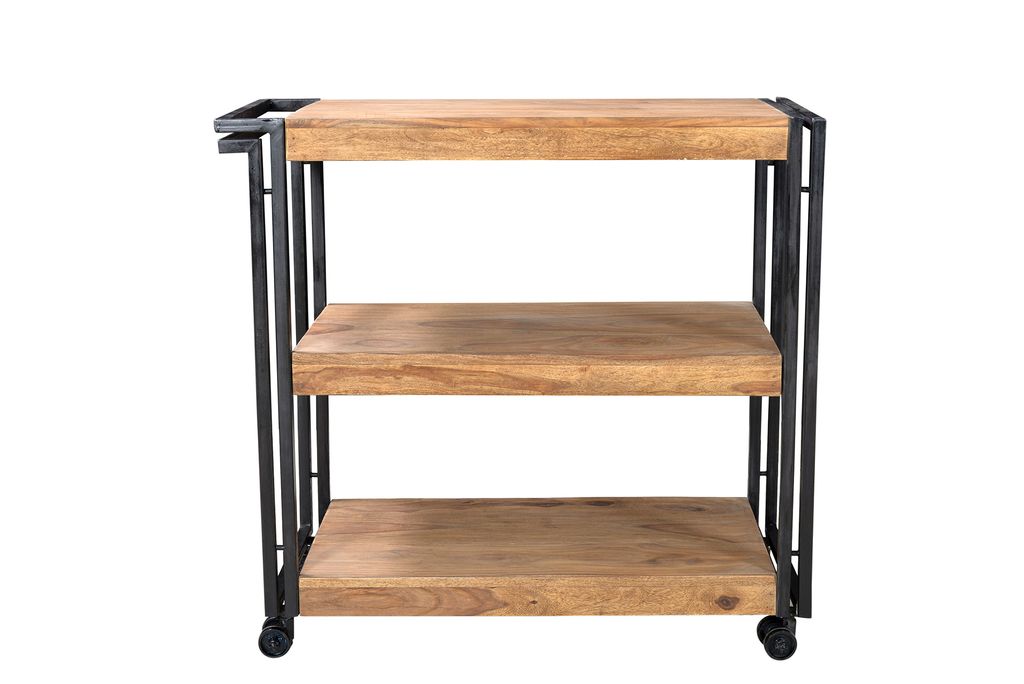 A three-tiered kitchen cart with a wooden top and shelves, supported by a black metal frame. The cart has wheels and a handle.