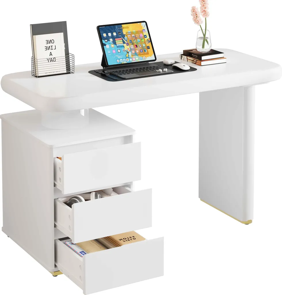 Bureau blanc laqué 117cm AIORBER à 3 tiroirs et forme nuage design