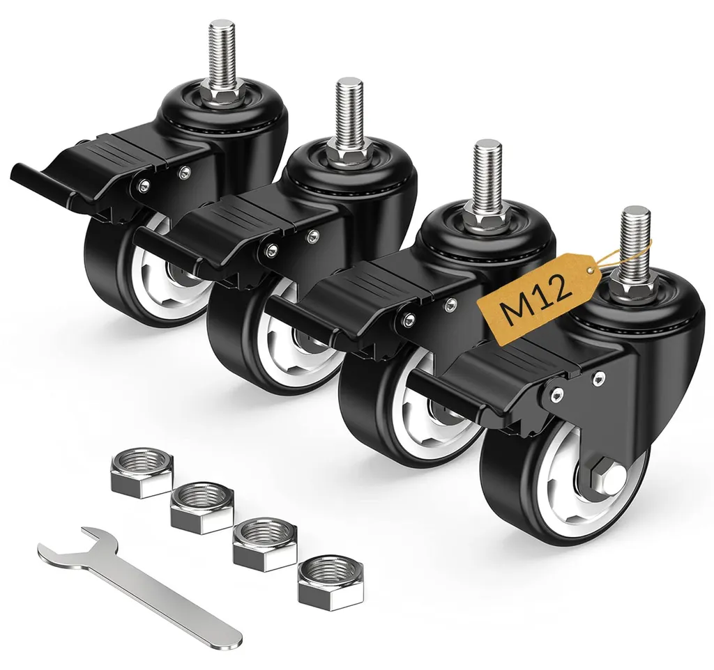 Lot de 4 roulettes de transport 75mm noires pour charge lourde, tige M12