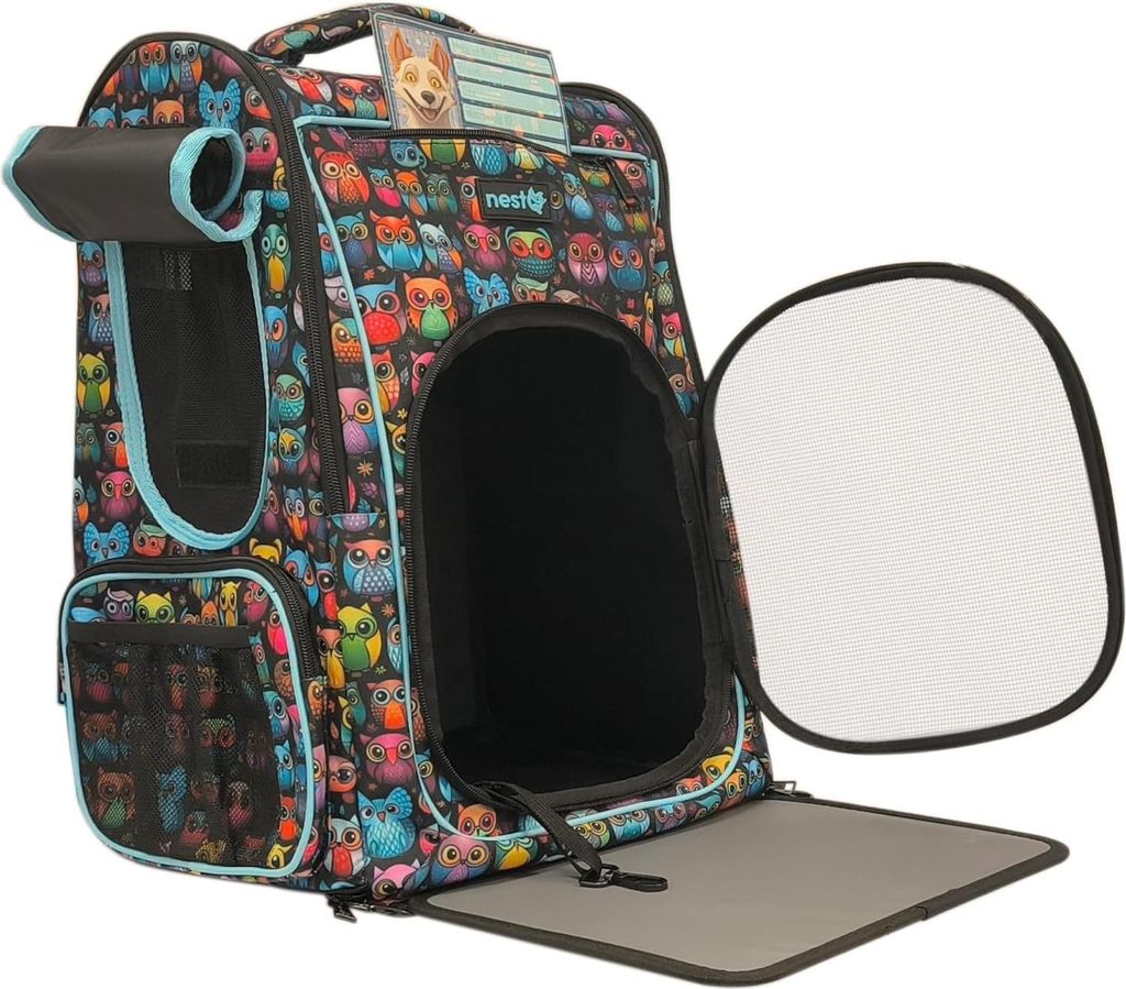 Ergonomischer Träger für kleine Hunde und Katzen bis 5 kg - Belüftung - Gepolstert - Langlebig - Blaues Eulen Design Reisetasche Katze