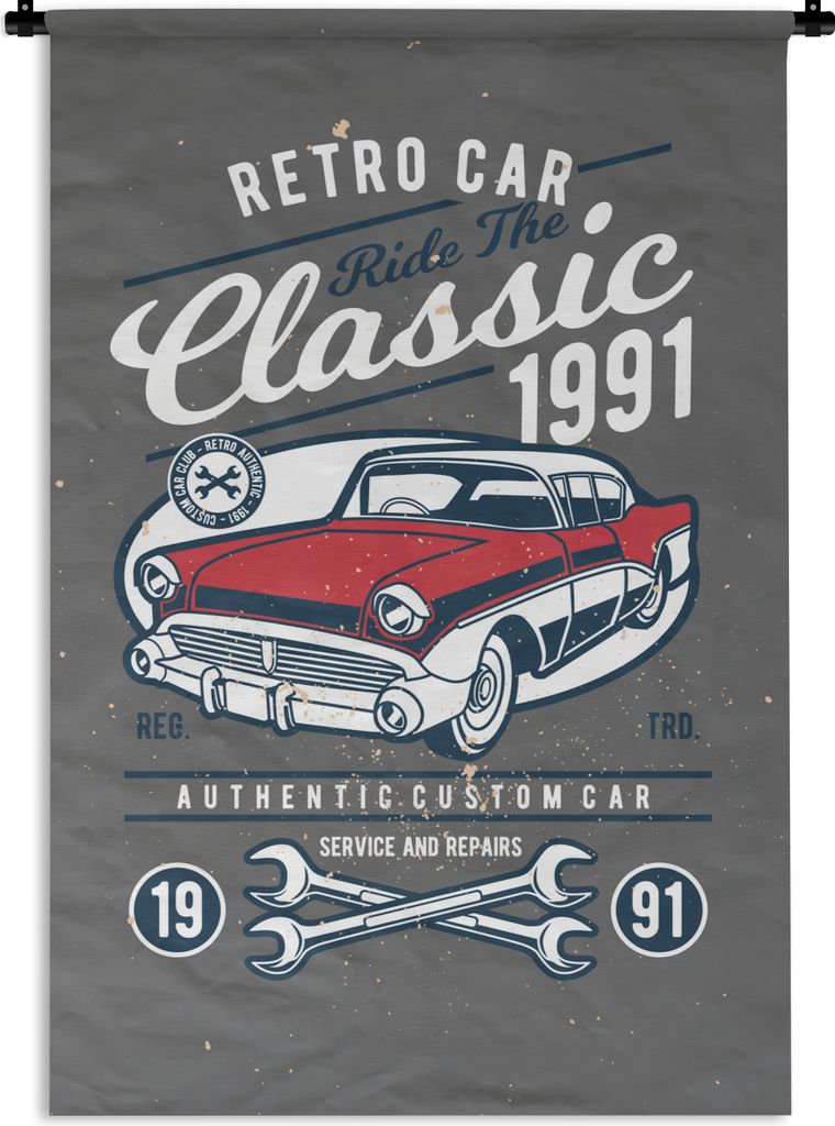 MuchoWow Wandteppich Wandbehang Auto - Oldtimer - Werkzeuge 90x135 cm Tapisserie Dekoration Wandtuch - Baumwolle - Wandskulptur