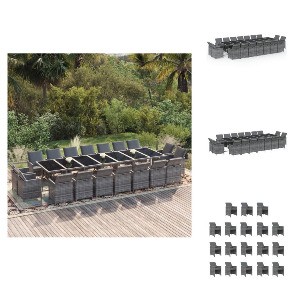 vidaXL 19-tlg. Garten-Essgruppe mit Kissen Poly Rattan Grau - Gartenmöbel-Sets