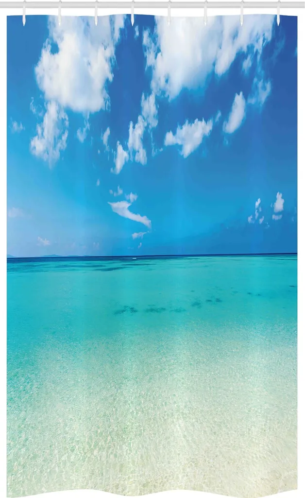 ABAKUHAUS Tenda da doccia estiva stretta, Ozean Dreamy Sea Beach, set decorativo per bagno in tessuto con ganci, 120 x 180 cm, blu turchese