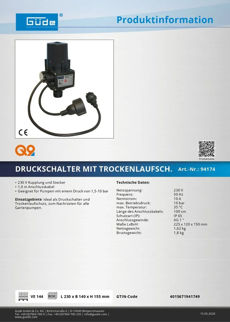Pressostat avec protection contre la marche à sec - Modèle PS-10 Pro