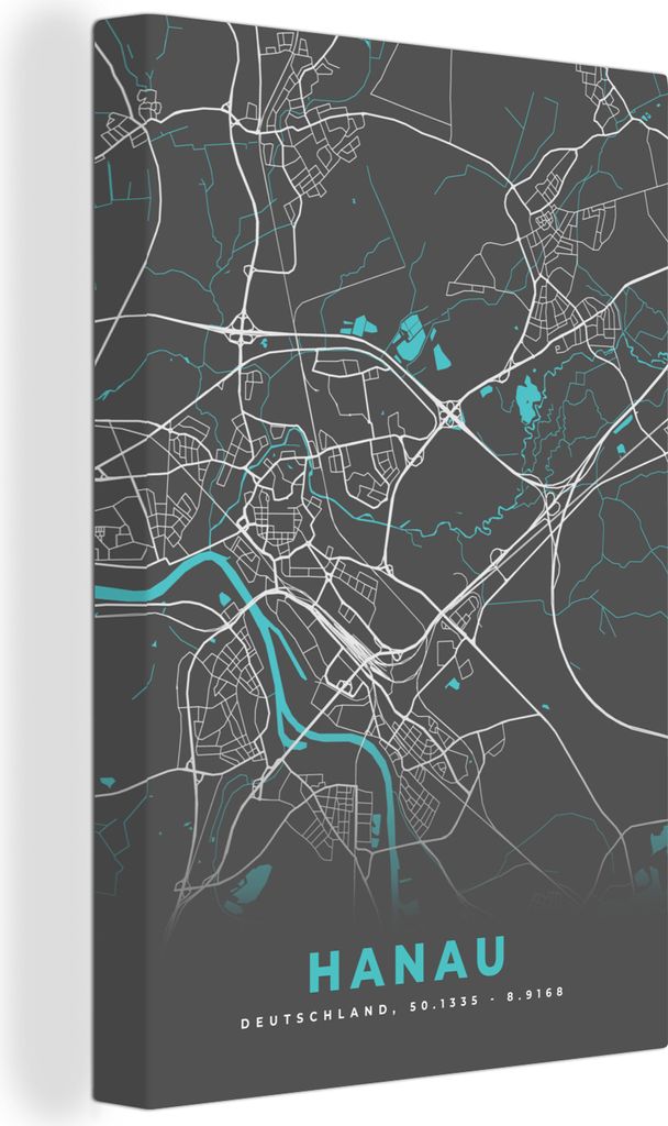 OneMillionCanvasses - Leinwandbilder - 90x140 cm, Hanau - Stadtplan - Blau - Karte - Deutschland, Wandbilder Kunstdruck Wanddekoration - Foto auf...