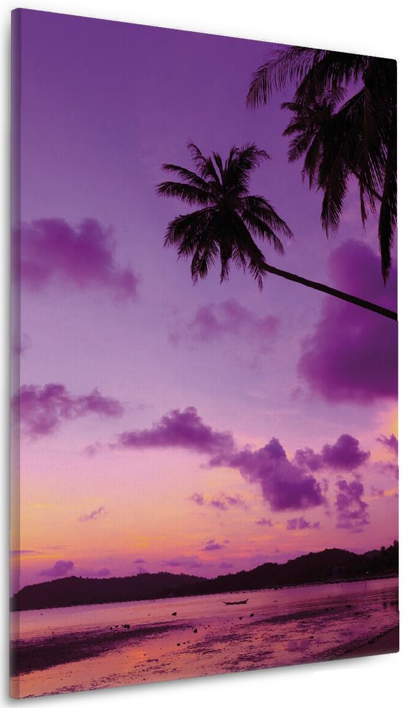 Wallario Premium Leinwandbild Sonnenuntergang unter Palmen Himmel in lila und orange in Größe 60 x 90 cm