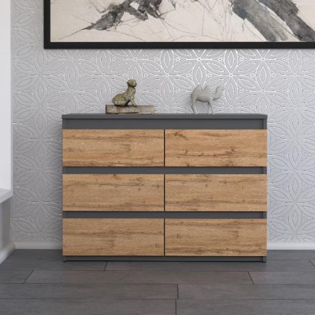 Stiv Moebel | Kommode Grau Matt / Eiche Wotan – 100 cm – 6 Schubladen – Modernes Design