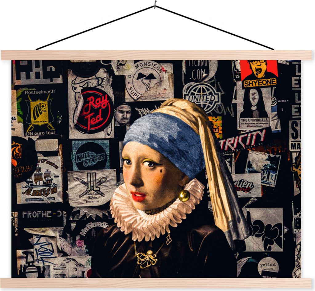 MuchoWow Textilposter Das Mädchen mit dem Perlenohrring - Tätowierung - Vermeer 40x30 cm mit holzfarbenen Rahmen - Bilder