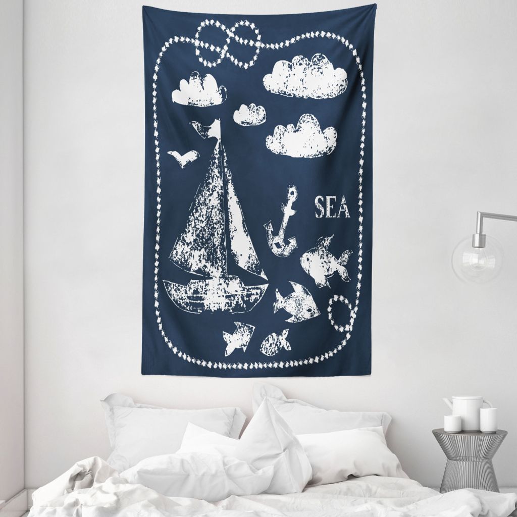 ABAKUHAUS Navy blau Wandteppich und Tagesdecke, Boot Wolken Anchor aus Weiches Mikrofaser Stoff Waschbar ohne Verblassen Digitaldruck, 140 x 230 cm...