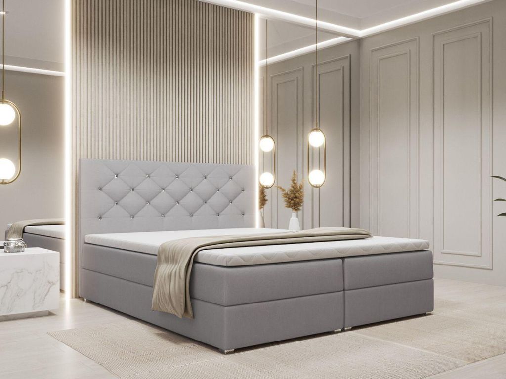 FurniDe24 Boxspringbett Fano 140x200 - Bett mit Matratze und Topper – Kontinentalbett mit Bettkasten und Matratze – Doppelbett Hellgrau (Trinit...