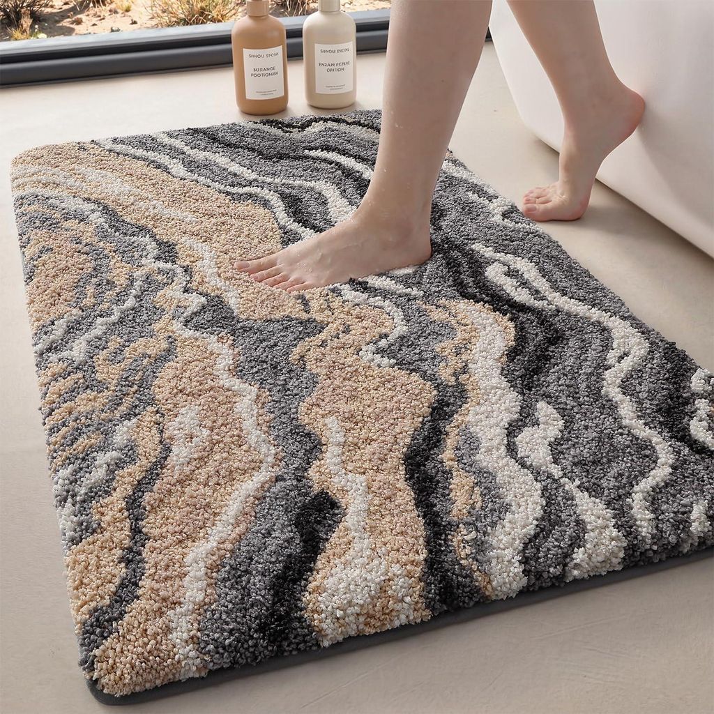 Rutschfeste Badematte, 44 x 76 cm, waschbar, weiche Mikrofaser-Badematte, saugfähig, beige/grau