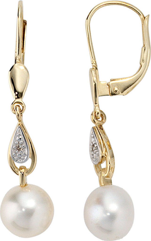 Ohrringe Ohrhänger Süßwasser Perlen & Diamant Brillanten 585 Gold für Damen