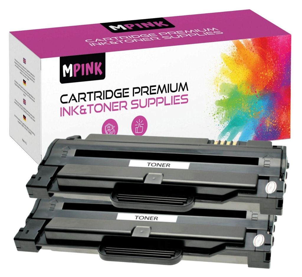 A product shot of two toner cartridges in front of their packaging.