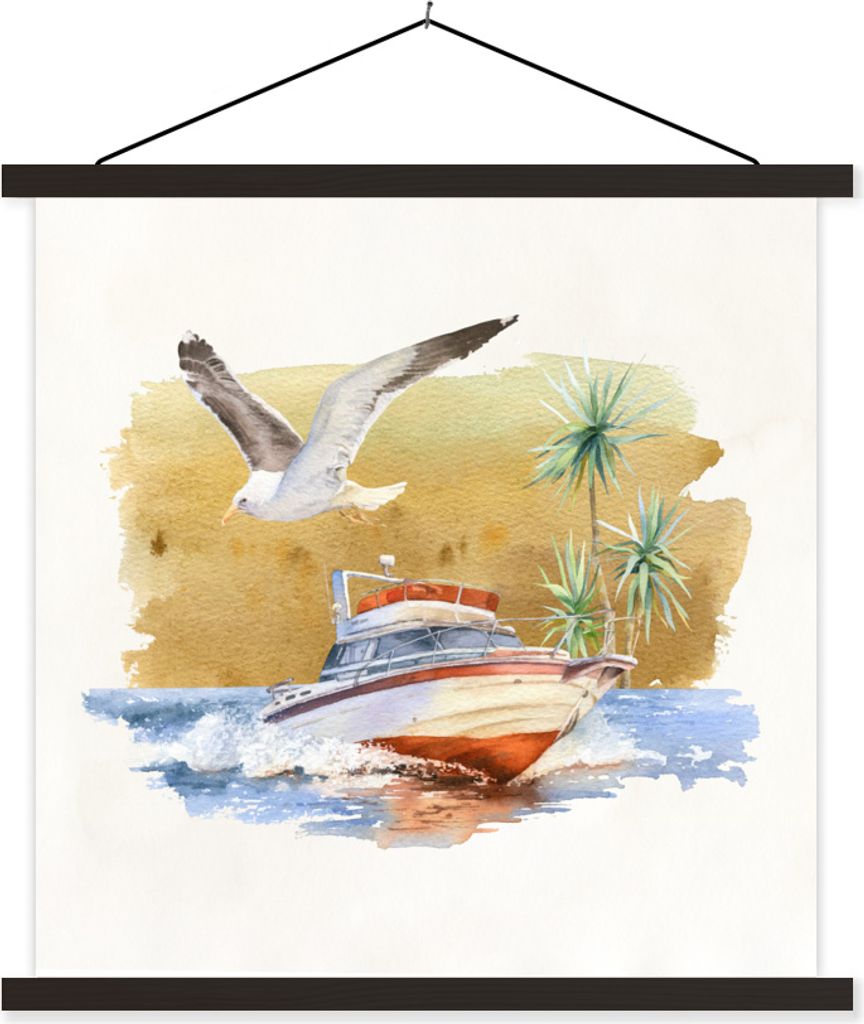 MuchoWow Textilposter Boot - Vogel - Aquarell 120x120 cm mit schwarzem Rahmen - Aufhängungsset
