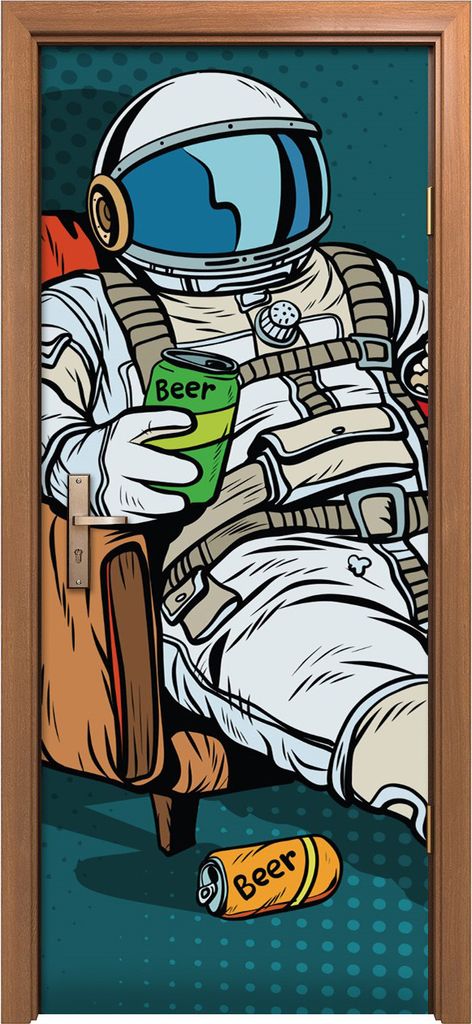 Türposter 80x200 cm Türaufkleber Türtapete Türfolie Klebefolie Pop Kunst Retro Astronaut mit Bier