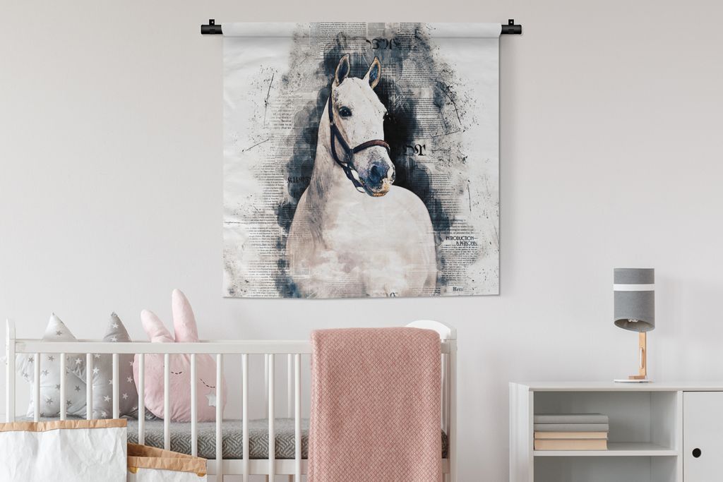 MuchoWow Wandteppich Wandbehang Pferd - Zaumzeug - Zeitung - Mädchen - Kinder - Mädchen 90x90 cm Tapisserie Dekoration Wandtuch - Wandaufhänger