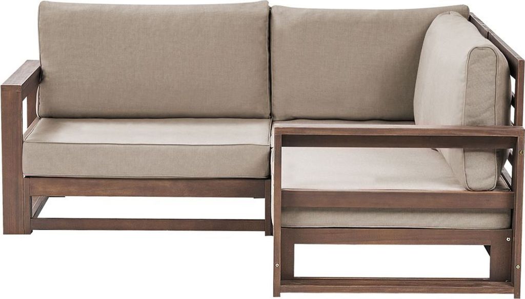 BELIANI Lounge Sofa Dunkelbraun Akazienholz Auflagen Taupe 2-Sitzer Ecksofa Retro Landhaus Stil Terrasse Outdoor Balkon Außenbereich