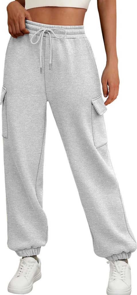 ASKSA Damen Hose Cargohose Trainingshose Kordelzug Sporthose Jogginghose High Waist Loose Warme Fleece mit Taschen (Hellgrau,XL)