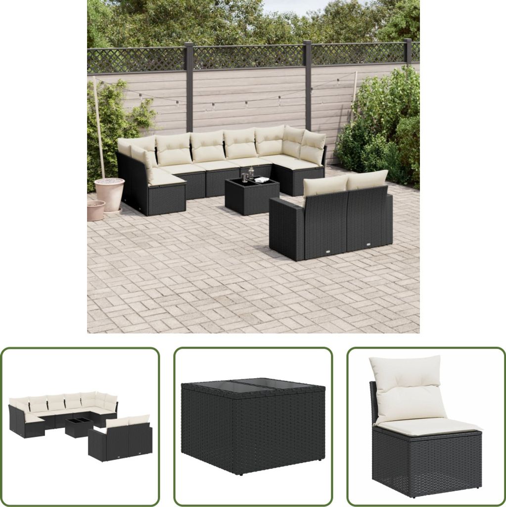 The Living Store 10-tlg. Garten-Sofagarnitur mit Kissen Schwarz Poly Rattan