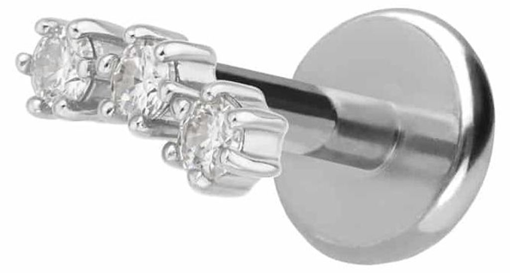 Ohrpiercing, Nasenpiercing Titan Labret mit Innengewinde + 925er Silber Aufsatz 3 MOISSANITE WeißGold Stablänge: 6mm | Stabstärke: 1mm