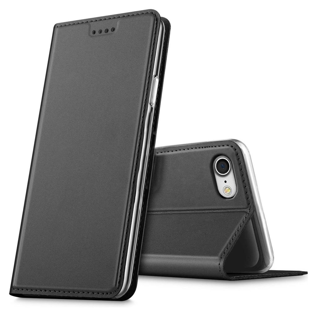A black flip case for a smartphone is shown against a white background.