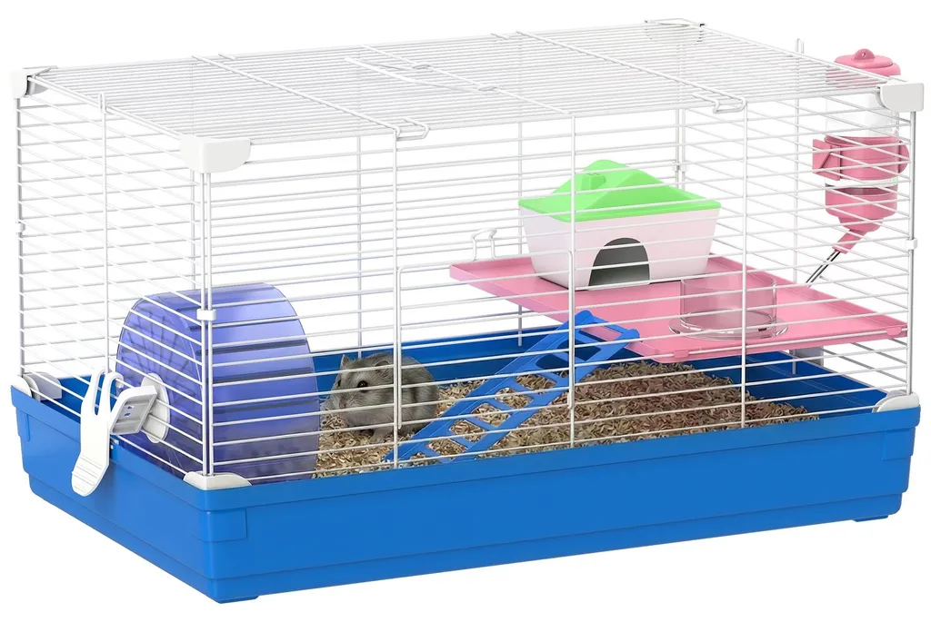 Cage pour hamster et petits rongeurs avec habitat ludique en métal bleu