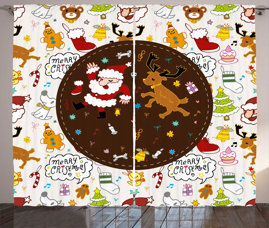 ABAKUHAUS Natale Tenda rustica, Danza Sankt Deer, Tenda con passanti e ganci per camera da letto, 280 x 175 cm, multicolore