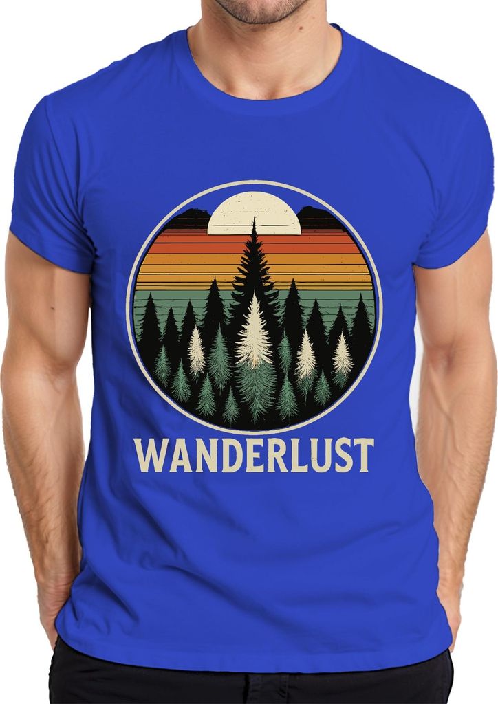 Wanderlust Retro Sonnenuntergang Wald Tannen Camping Wandern Herren T-Shirt, Blau, L