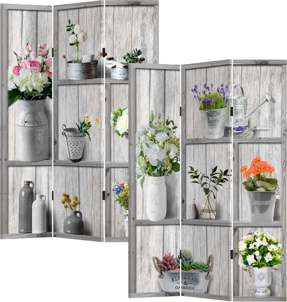 A multi-panel screen divider with a rustic wood-plank design, featuring various floral arrangements and gardening elements on shelves.