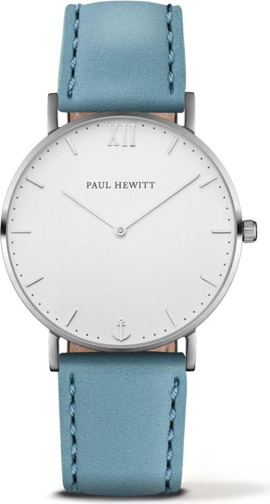 Paul Hewitt Quarz Uhr, Lederarmband Hellblau, Weißes Zifferblatt, Edelstahl Gehäuse 39mm, Wasserdicht 30m