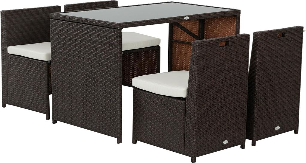 5-teiliges Polyrattan Gartenmöbel-Set, Sitzgruppe für 4 Personen mit Tisch, Stühlen & Kissen, wetterfest, Braun/Khaki