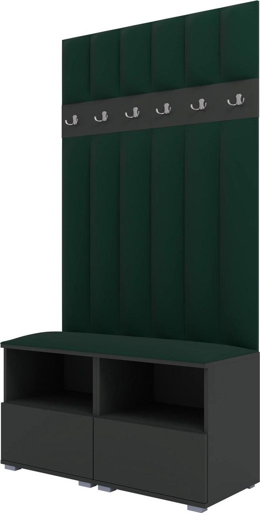 Garderoben-Set Nela III LUX, gepolsterte Garderobe 100 cm mit Sitzbank, Wandpaneelen und Stauraum (Farbe: Graphit + Trinity 28)