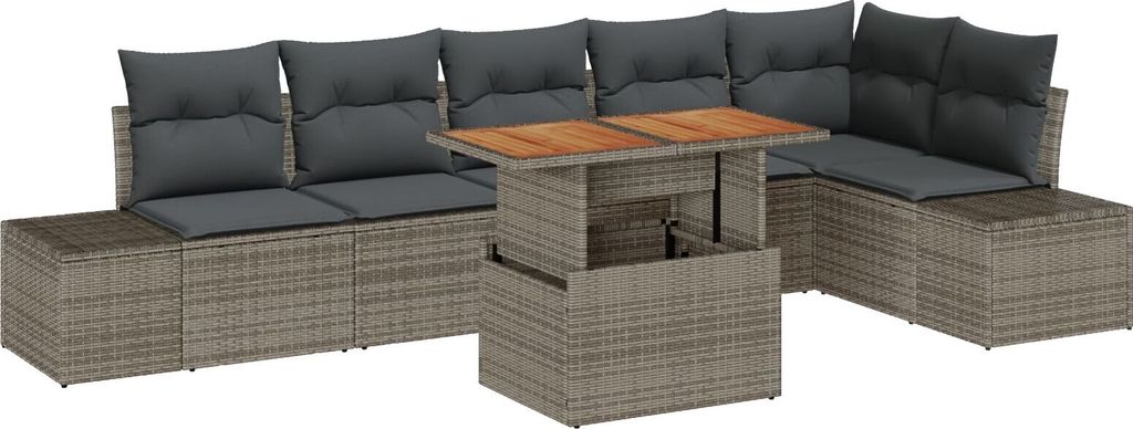 Möbel 7-teiliges Garten Essset mit Kissen Grau Poly Rattan Akazie - Gartensofas 3349971
