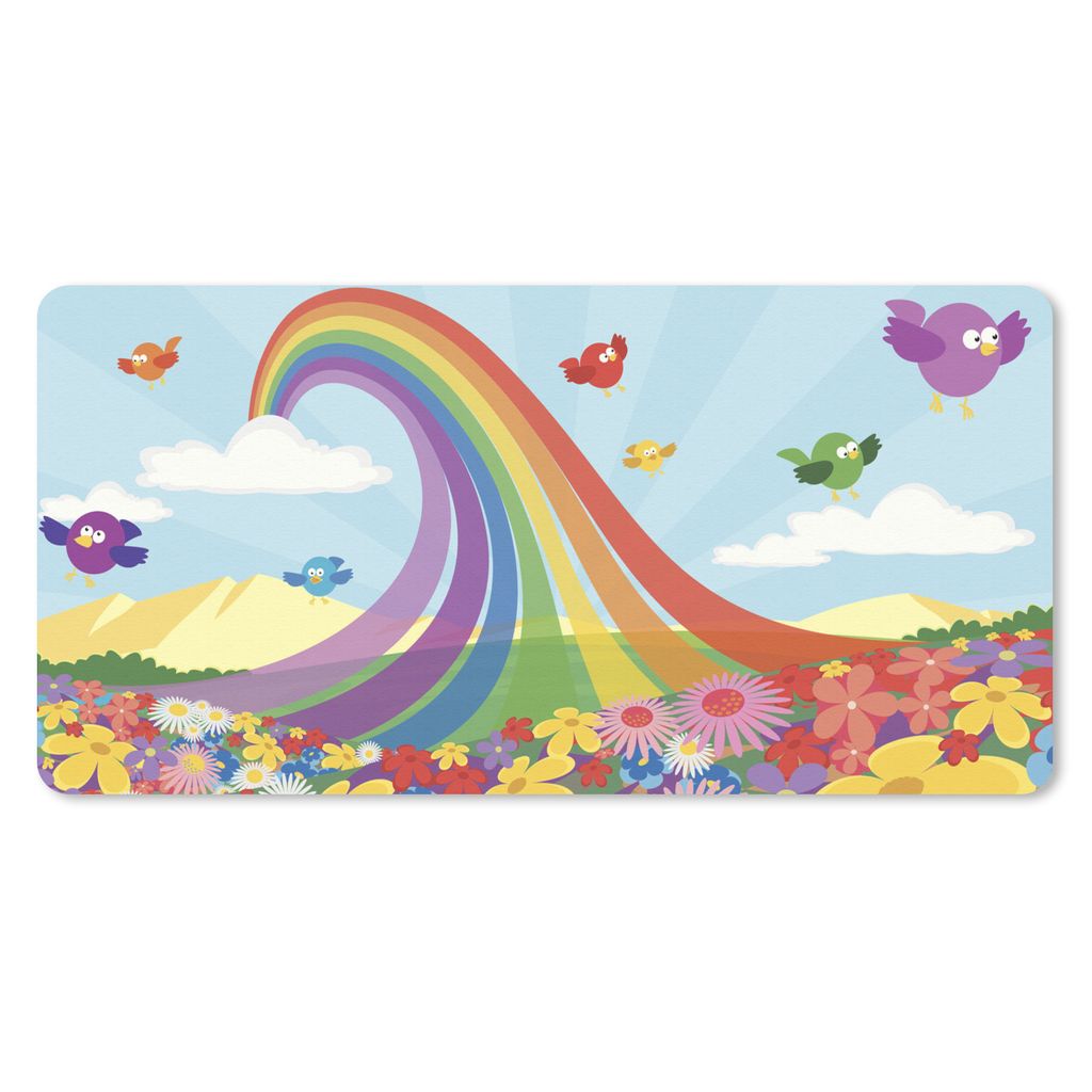 MuchoWow Schreibtischunterlage Eine Illustration eines Regenbogens über einem Blumenfeld 80x40 cm - XXL Mauspad - Gaming Mauspad